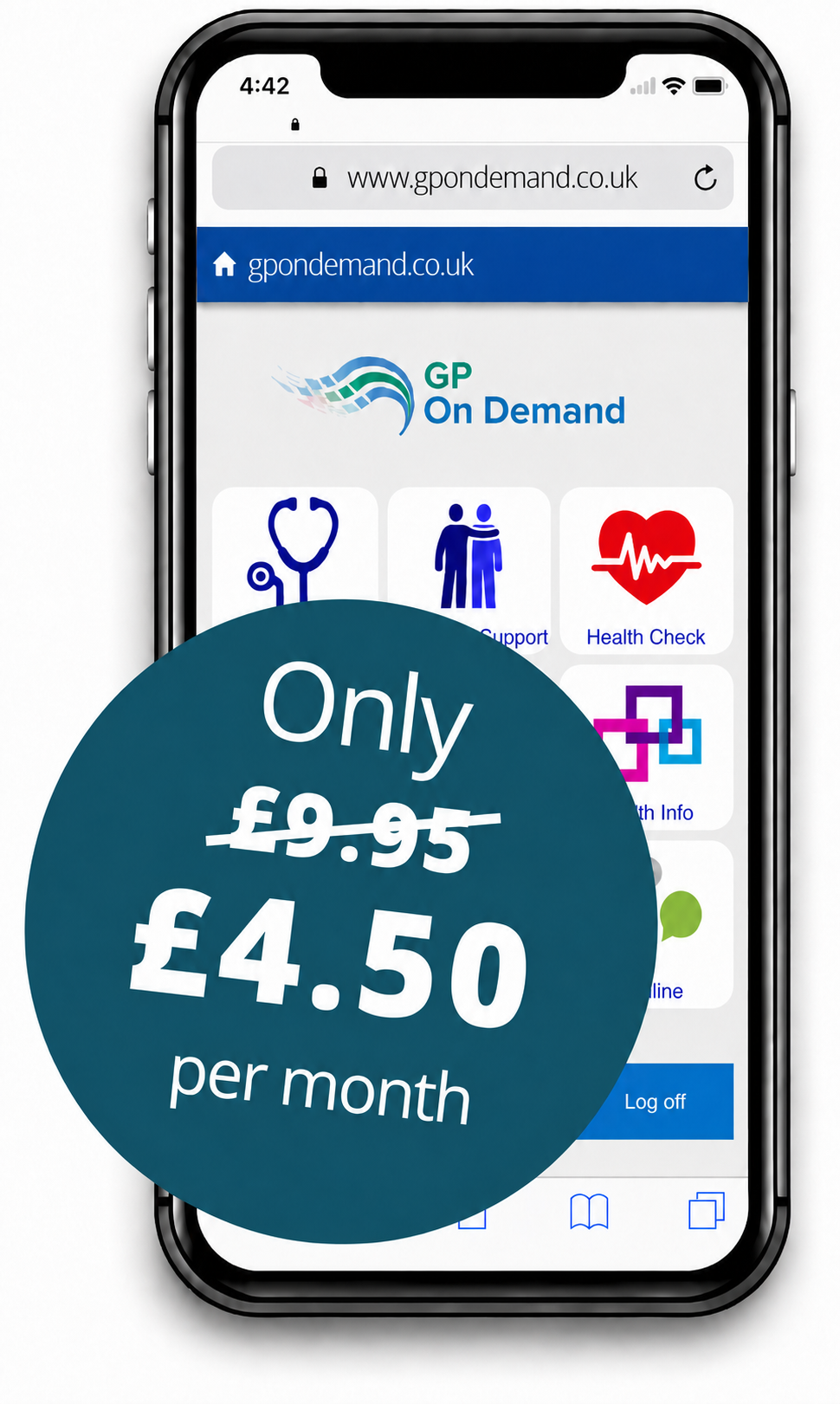 GP On Demand phone showing &pound;4.50 per month pricing